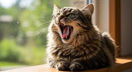 Tabby cat yawning by window