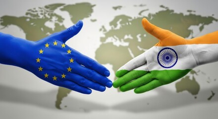Hands painted with eu and indian flags reaching to shake in front of a world map background