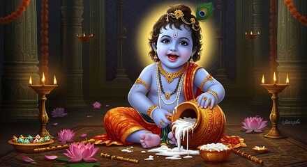 Adorable illustration of bal krishna with milk pot in a decorated traditional temple setting