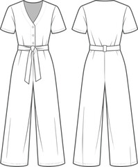 Obraz premium Women’s V-neck jumpsuit, wide leg, short sleeve, belted waist, casual outfit, summer fashion, sewing pattern, cad drawing flat vector illustration