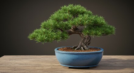 Elegant Pine Bonsai with a Twisted Trunk in a Blue Ceramic Pot on a Wooden Table