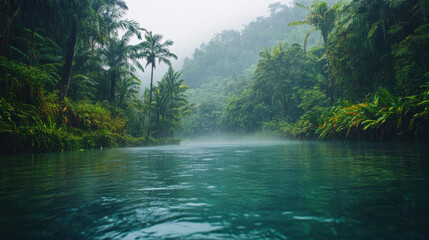 Obraz premium Peaceful jungle river with green rain forest trees and mist perfect for eco tourism blogs nature therapy or tropical travel visuals