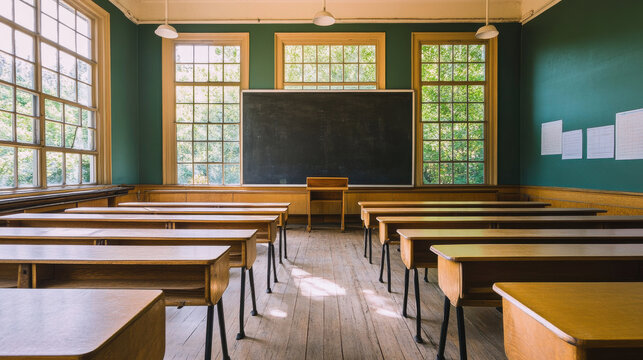 Empty classroom with wooden desks green chalkboards and sunlight for education campaigns school ads or learning environment visuals