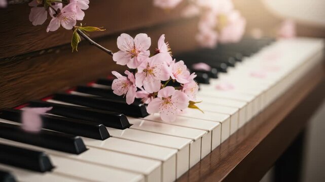 Sakura flowers falling on white vintage piano keyboard. Concept of romantic music or melody. Spring bloom and music concert concept for classical melody event footage.