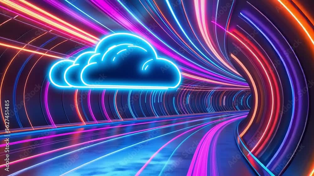 Poster neon cloud glowing inside futuristic tunnel with vibrant colorful light trails creating dynamic and 