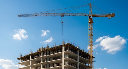 Construction Crane and Skyscraper Under Construction Against a Vivid Blue Sky.