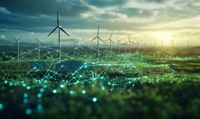 Conceptual image illustrating the integration of green energy solutions such as wind turbines, solar panels, and eco-friendly technologies, symbolizing the transition to renewable, Generative AI