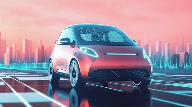 Futuristic electric car with digital interface driving on neon light city road showcasing innovative vehicle technology and vibrant colors at sunset - Powered by Adobe