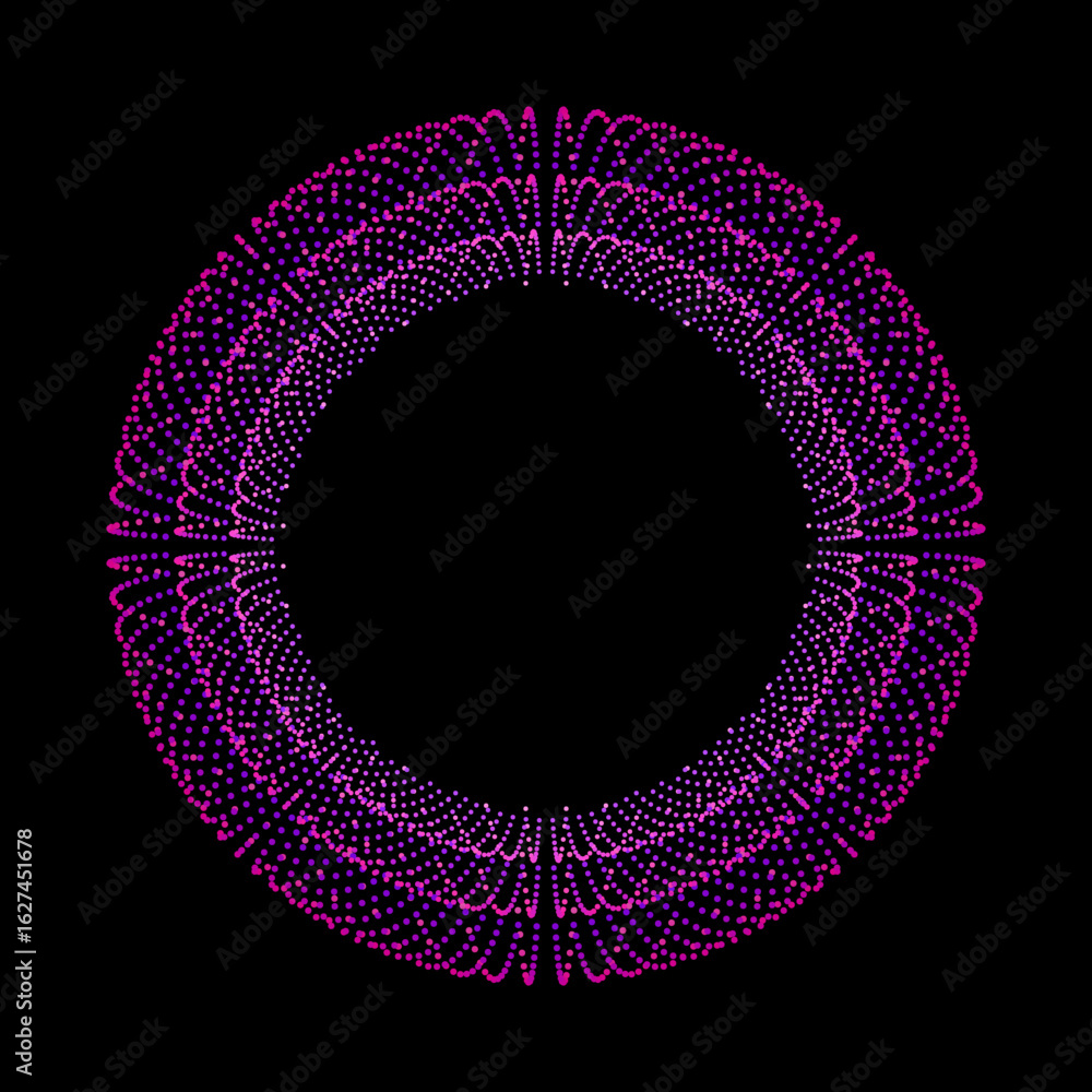 Aufkleber magenta dotted round pattern. abstract neon purple circle frame. particle pattern with radial motion