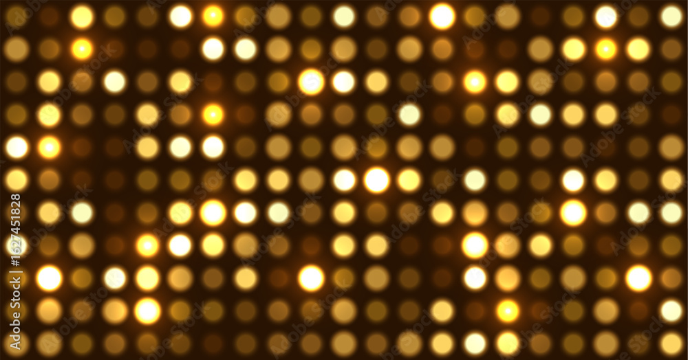 Poster glowing golden halftone dot background. bright circular lights grid on dark. futuristic and vibrant 