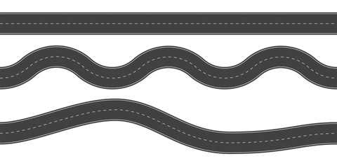 Top view of wavy and straight roads. Set of direct and winding roads with dashed center lines isolated on white background. Race curves. Two-lane asphalt highways. Seamless vector illustrations.