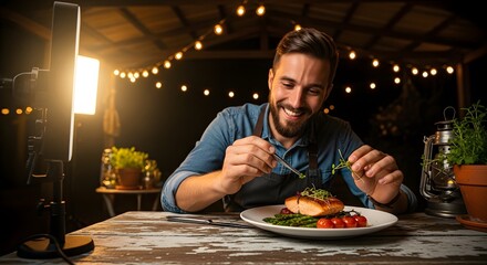 Smiling chef plating food at outdoor table under string lights. Focus on salmon dish with asparagus and tomatoes. Warm lighting, rustic setting, and culinary presentation.