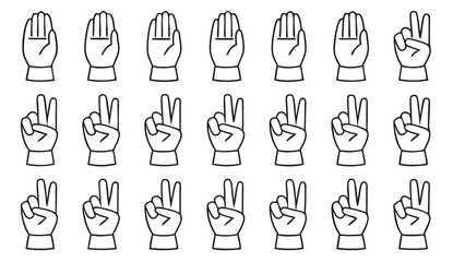 Collection of line art illustrations showing different hand gestures and finger counts for communication and education