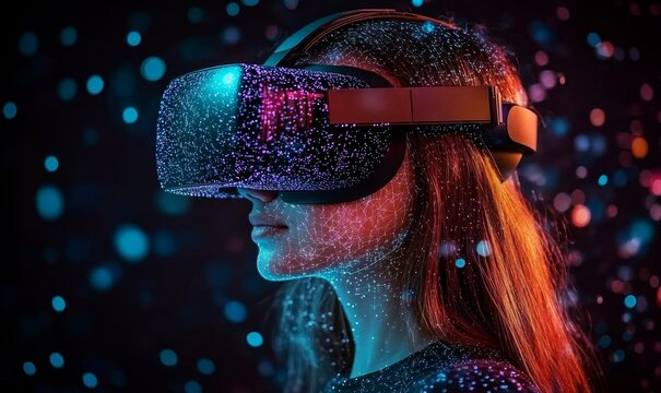 University tutor with a VR headset employing artificial intelligence and machine learning for interactive online gaming in a lecture. This innovative approach uses AI-driven smart, Generative AI