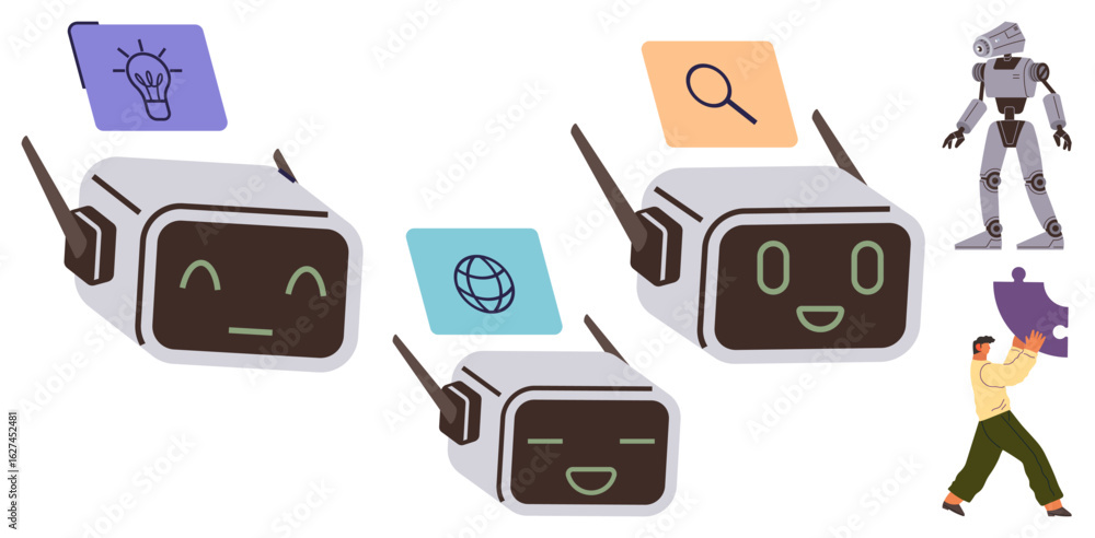 Poster smiling robots with screens and antennas, visualizing ideas, search functions, and global internet. 