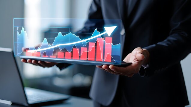 Business Professional Holding a Digital Tablet with an Interactive Holographic Financial Chart, Visualizing Business Growth, Data Analysis, and Market Performance