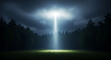 An eerie beam of light shines down from a mysterious object in the cloudy night sky onto a dark forest clearing, suggesting a UFO encounter.