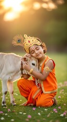 Young child dressed as lord krishna embracing a calf in golden hour sunlight