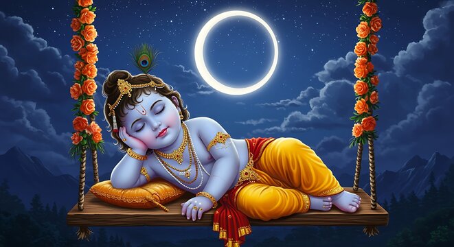Peaceful depiction of baby krishna asleep on a swing beneath a glowing full moon