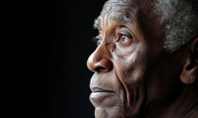 Obraz premium Close-up side profile image of a Black elderly man suffering from loneliness due to dementia or Alzheimer's disease, a degenerative condition. The image portrays the emotional, Generative AI