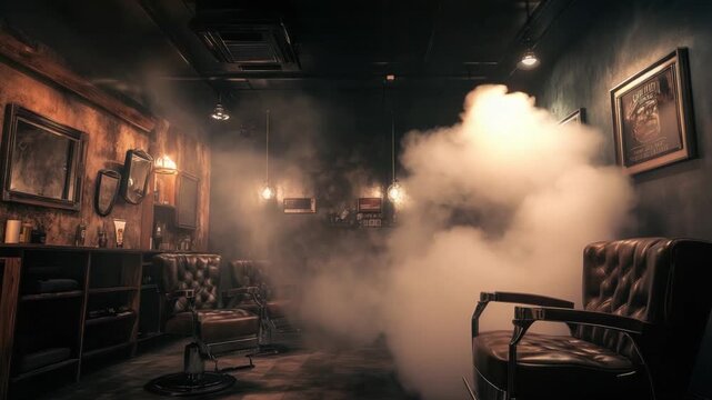 Mysterious Vintage Barbershop: Foggy Ambiance, Leather Chairs, Retro Style