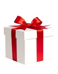 Obraz premium A pristine white gift box adorned with a vibrant red ribbon, tied in a perfect bow