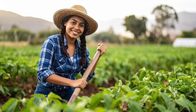 Female farmer working with hoe, traditional agriculture concept