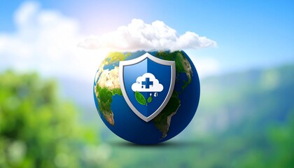 Illustration of Earth protected by ozone layer shield, eco concep