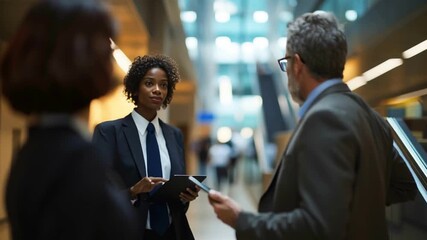 Businessman holding tablet communicating with colleagues in modern office hallway showcasing professional business teamwork and collaboration - Powered by Adobe