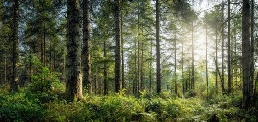Obraz premium The tranquil forest showcasing sunlight filtering through towering trees and lush foliage.
