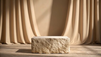 Beige rock pedestal framed by falling curtain shadow — theatrical softness in minimalist display
