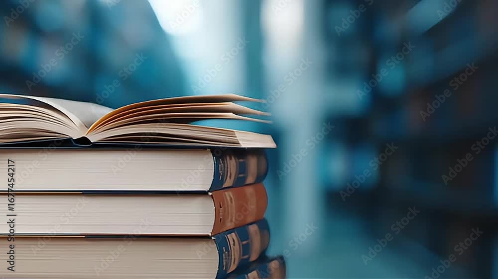 Poster open book resting on stack of books in library with blurred shelves creating serene scholarly and in