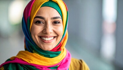 Portrait of a smiling Muslim woman in colorful hijab, natural lighting