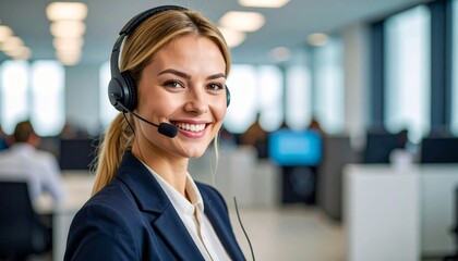 miling customer service representative with headset, modern office background