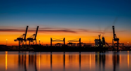 Obraz premium Fiery Sunset Silhouette Cargo Ship and Cranes at Port.