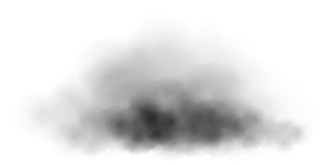 Black smoke cloud isolated on white background. Dark realistic fog cloud with soft edges and transparent texture. Vector illustration for explosion, pollution, or dramatic effect themes.
