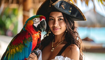Young adult in pirate costume posing with parrot, humorous concept