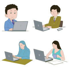 Working on laptop computer, professional and worker on computer.