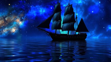 Sailing ship silhouette on calm ocean water under vibrant starry night sky with glowing stars and bright galaxy reflection creating magical atmosphere - Powered by Adobe