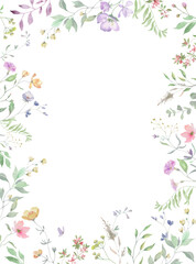  Watercolor frame with painted flowers, eucalypt leaves, wildflowers, herbs. Hand drawn floral illustration. Vector EPS.