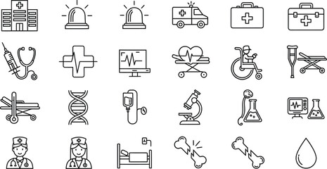 Collection of line art icons representing medical and healthcare themes, including hospital building, ambulance, syringe, dna, microscope, doctor, nurse, bed, broken bone, and blood drop
