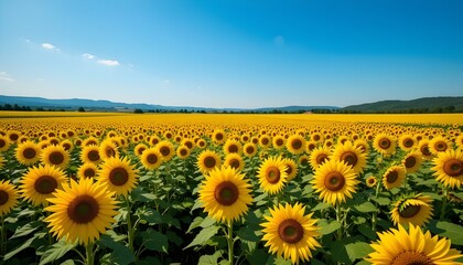 Fototapeta premium a field of sunflowers, blue sky, rural landscape, golden flowers, summer scenery, vibrant colors, nature photography, detailed, highly realistic, 8k, award winning.