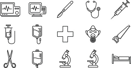 Set of vector icons representing medical equipment and healthcare, including monitor, syringe, microscope, and bed