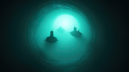 Glowing wormhole tunnel through ocean depths, featuring ghostly submarine silhouettes in an engineering marvel.