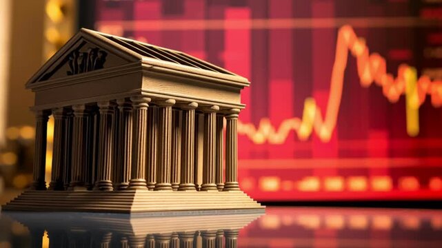 Ancient classical bank architecture with columns and pediment reflecting investment trends red financial stock market chart showing upward