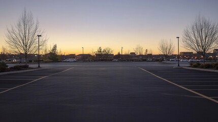 Empty parking lot at twilight, city skyline in the background.  Possible use  Commercial