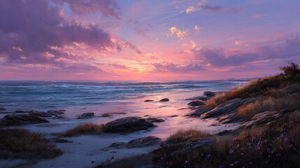 Obraz premium Wild coastal nature with rocky shoreline and vibrant sunset sky over the sea