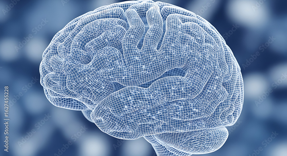 Poster stylized brain wireframe rendering on a blue gradient background showing human intelligence concept