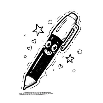 A hand-drawn style illustration of a pen with a playful cartoon face, surrounded by doodle stars and hearts. PNG with transparent background