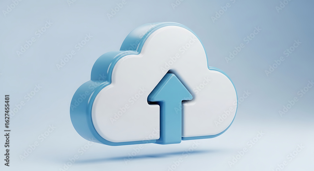 Poster a blue and white cloud with an arrow pointing up against a light blue background in a minimalistic s